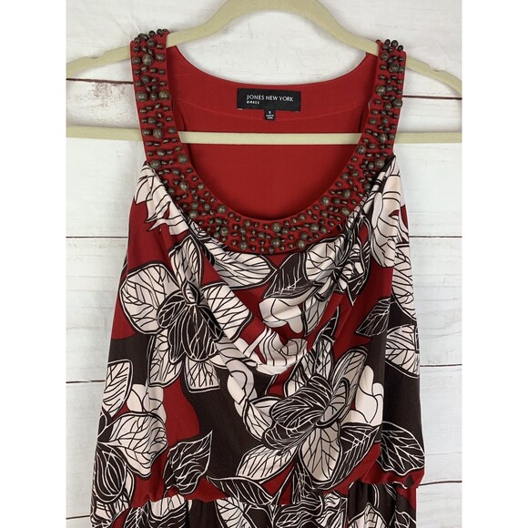 Jones New York Dress maxi Long 8 medium red brown floral blouson red wood Beads - Picture 4 of 12